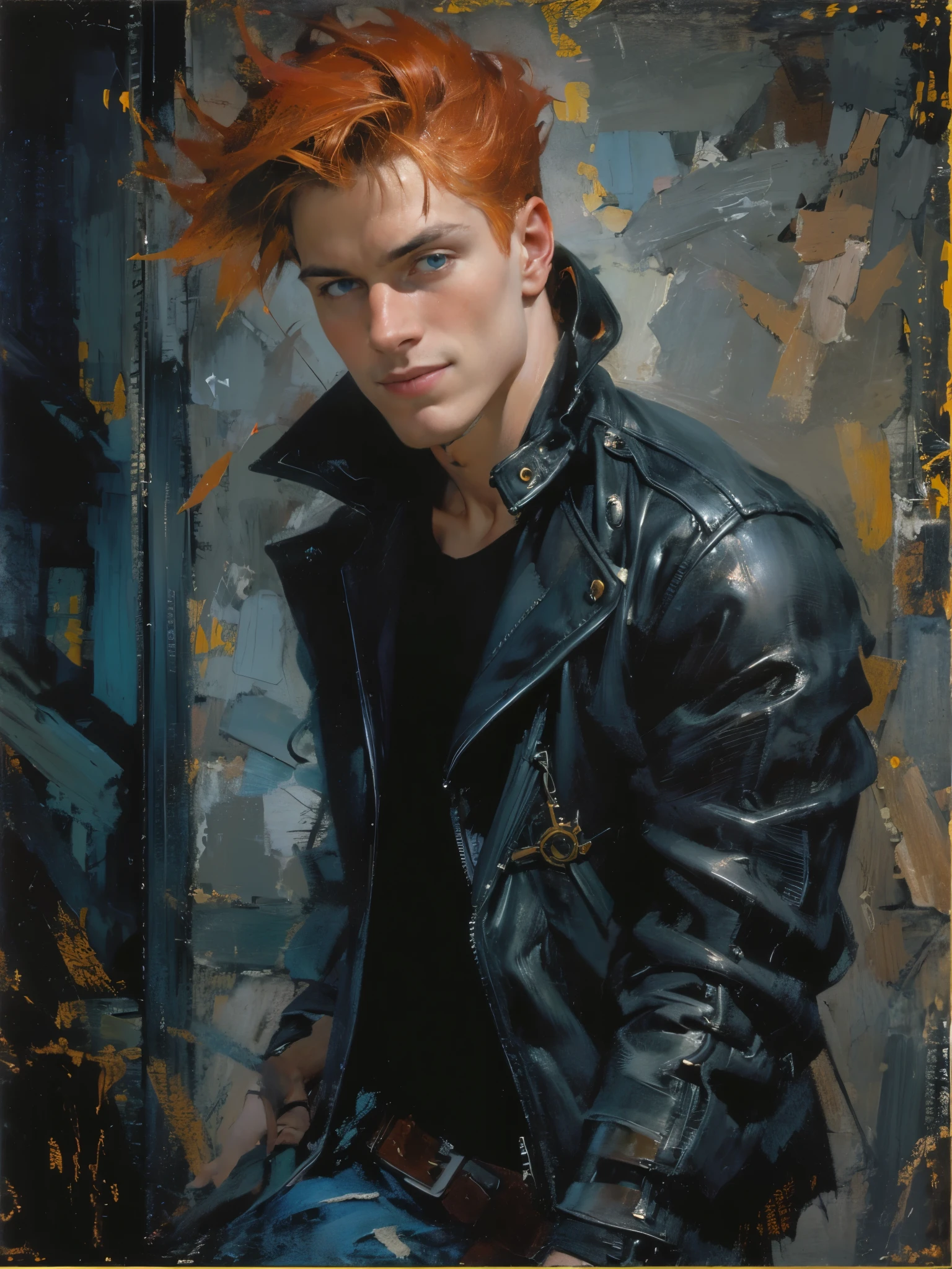 (dramatic illumination, dynamic angle, intense color contrast), (portrait of a young man with red hair and blue eyes, wearing black leather jacket, dark grey t-shirt, black jeans), (cocky grin), (in art deco theatre), (movie star), (fechin oil painting),