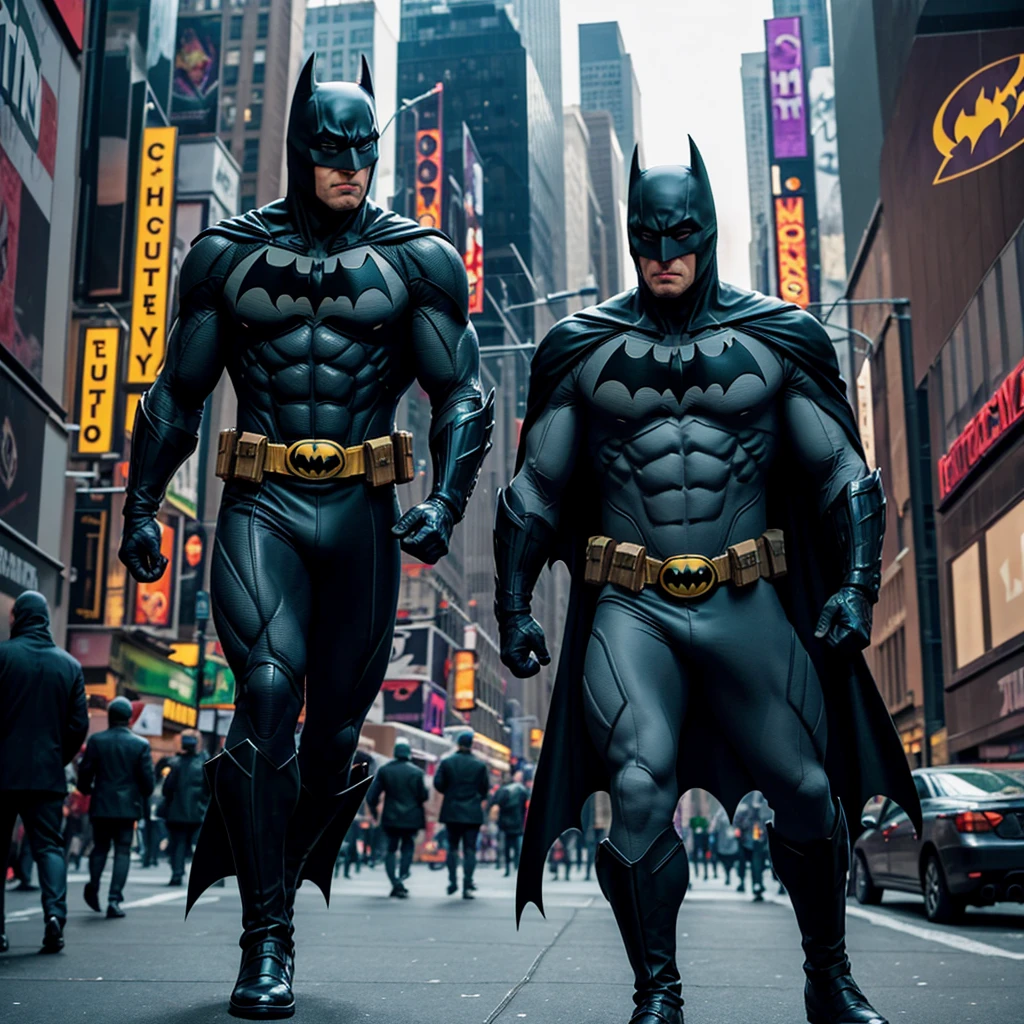 The Batman character together with the Ninja Turtle character Donatello walking in New York City