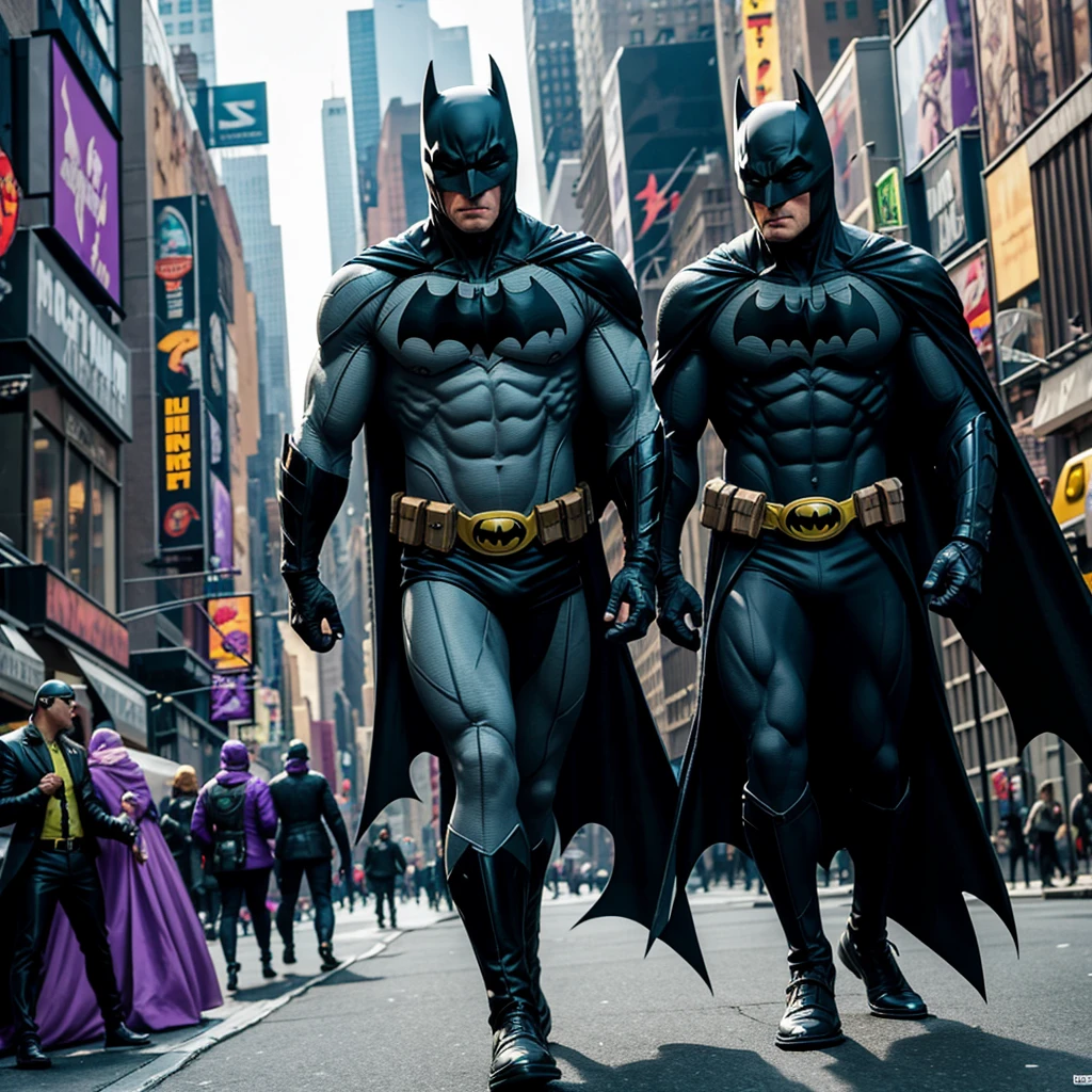 The Batman character together with the Ninja Turtle character Donatello walking in New York City 