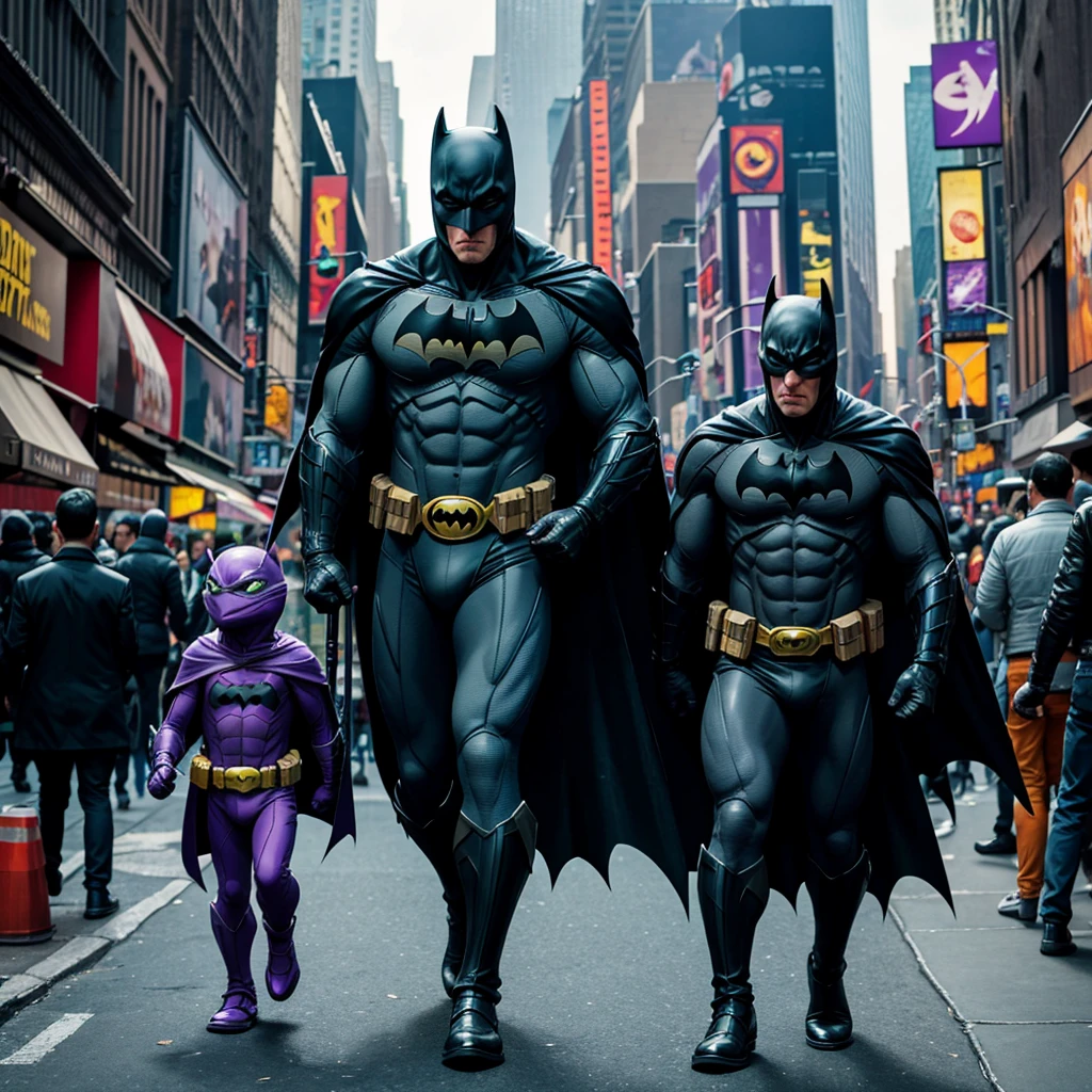 The Batman character together with the Ninja Turtle character Donatello walking in New York City 