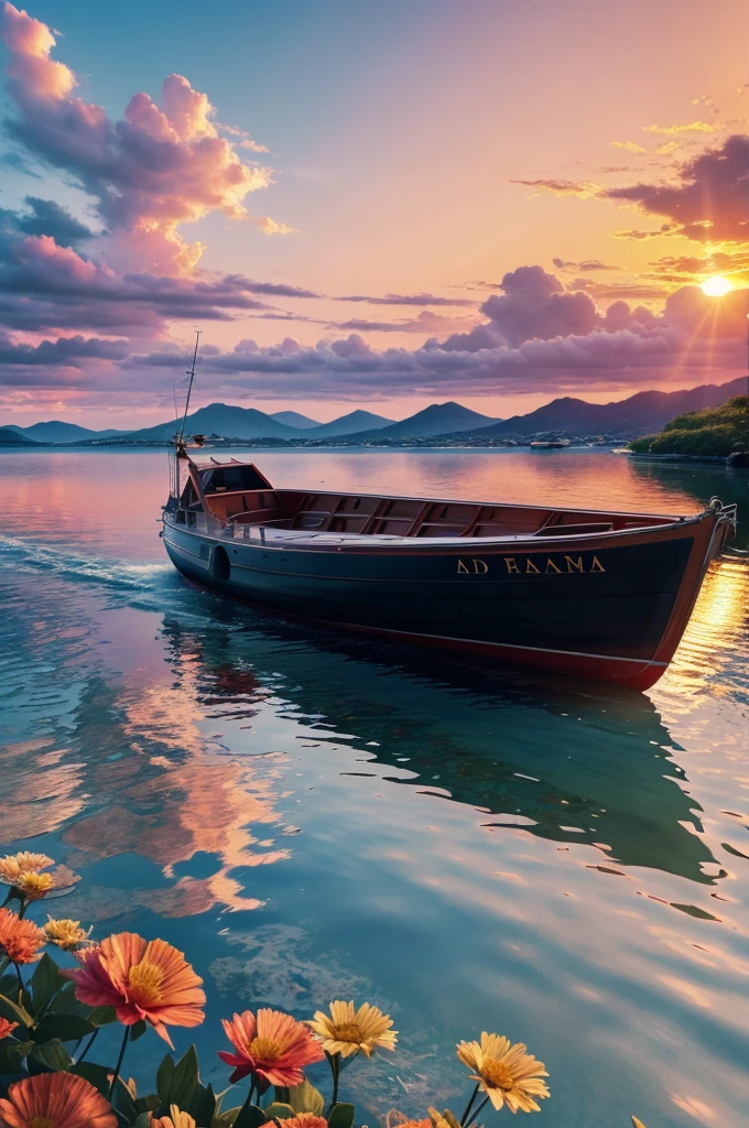 there is a painting of a boat in the water with a sunset in the background, beautiful art uhd 4 k, 4k highly detailed digital art, 4k detailed digital art, scenery artwork, detailed painting 4 k, 8k high quality detailed art, floral sunset, gorgeous romantic sunset, 4 k hd illustrative wallpaper, amazing wallpaper, 4 k hd wallpaper illustration