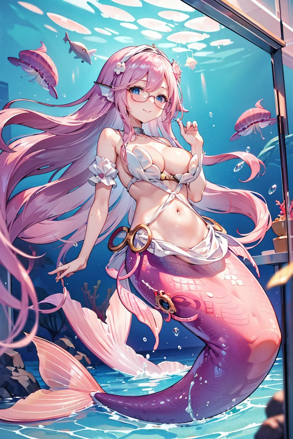 masterpiece, best quality,A girl,Pink hair,White Dress,blue eyes,Head fin,Glasses,独奏,Large Breasts,Mermaid,粉色的Mermaid尾巴,full-body shot,transportation facilities_against_window,Pink Theme, (in water:1.2), (air bubble:1.3), Inside the train, (surreal:1.2), (jellyfish:1.2), (whale:1.1),(fish:1.2),blurred foreground,charming face(Kawaii, charming,Soft),Looking at the audience,Smile