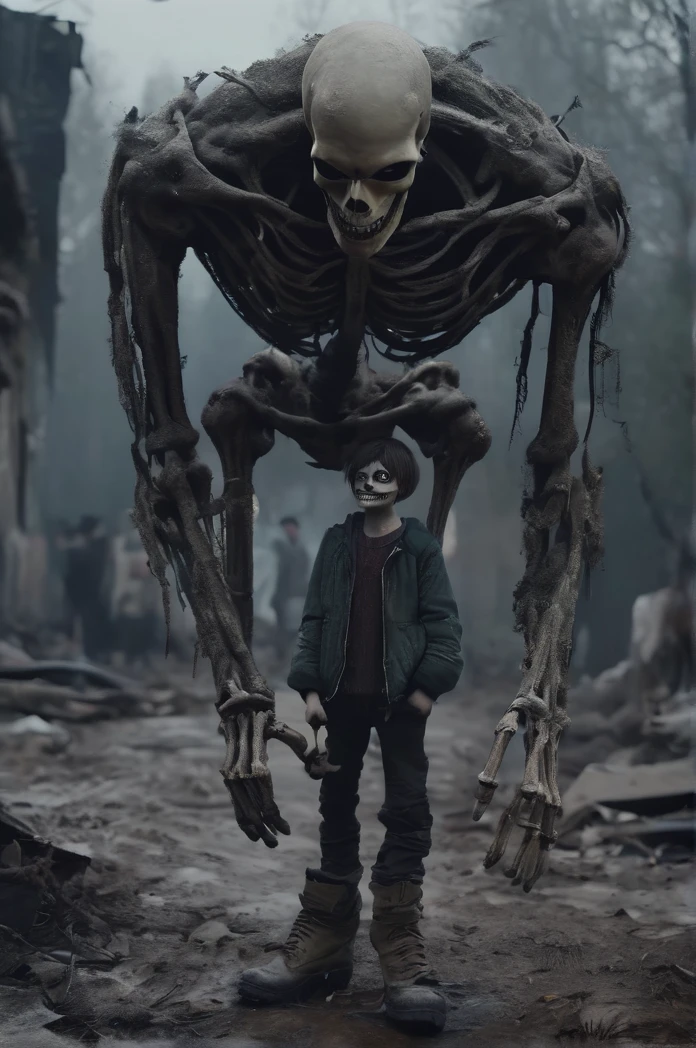 Camera angle from above、A small town on the ground、Full Body Shot、Horror-themed movie stills,、A gigantic skeleton demon that reaches up to the sky、(Full body portrait:1.3), , Shallow depth of field, Vignette, Very detailed, High budget, Bokeh, CinemaScope, Sulky, amazing, nice, Film Grain, granular . Creepy, Anxious, dark, Creepyな, Suspenseful, strict, Very detailed