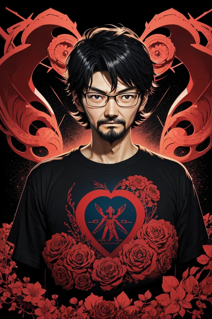 Vintage T-shirt design of an {Valentine's Demogorgon1024, simple, vector, acrylic, black background}, by (Hideaki Anno:1.36), trending on artstation, best quality, 4k textures, ultra detailed