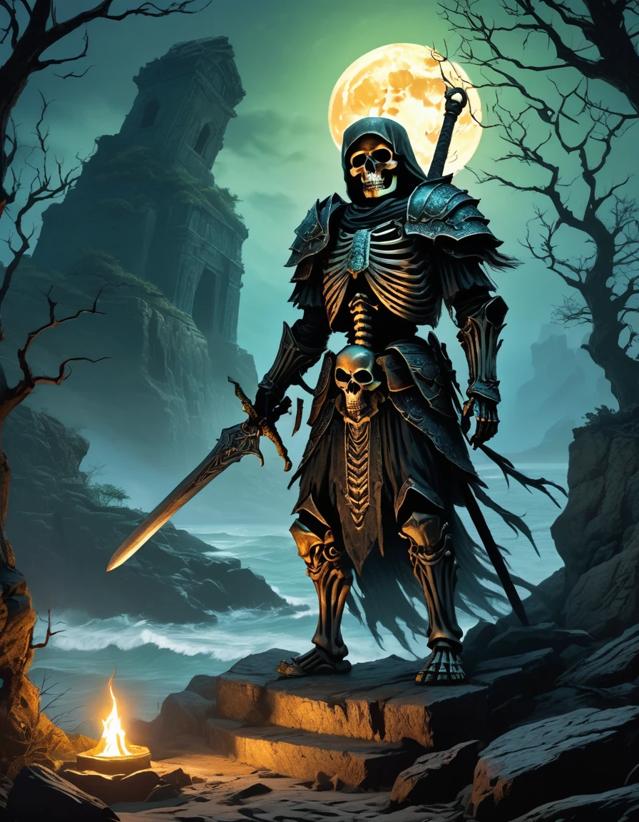 Imagine a chilling scene of a skeleton warrior standing atop an ancient tomb, shrouded in the eerie glow of the full moon. The warrior is adorned in ancient armor, rusted with age and battle-worn, with a helm that glints ominously in the moonlight. BREAK In one hand, the warrior holds a wickedly sharp sword, while the other hand is outstretched, as if beckoning you closer. The tomb beneath the skeleton is ornately decorated, with intricate carvings of snakes and skulls etched into the stone. BREAK The air is thick with the scent of decay and ancient magic, as if the tomb itself is alive with dark power. The skeleton warrior’s eyes glow with an otherworldly light, and you can almost feel the weight of its gaze upon you. BREAK In the background, the silhouette of a haunted forest looms, with twisted trees and gnarled branches reaching up to the sky like skeletal fingers. The tomb itself is perched on a cliff overlooking a raging sea, the waves crashing against the rocks far below. BREAK This image captures the essence of dark fantasy and conjures up a sense of foreboding, as if the skeleton warrior is a harbinger of doom, standing guard over the secrets buried within the ancient tomb.