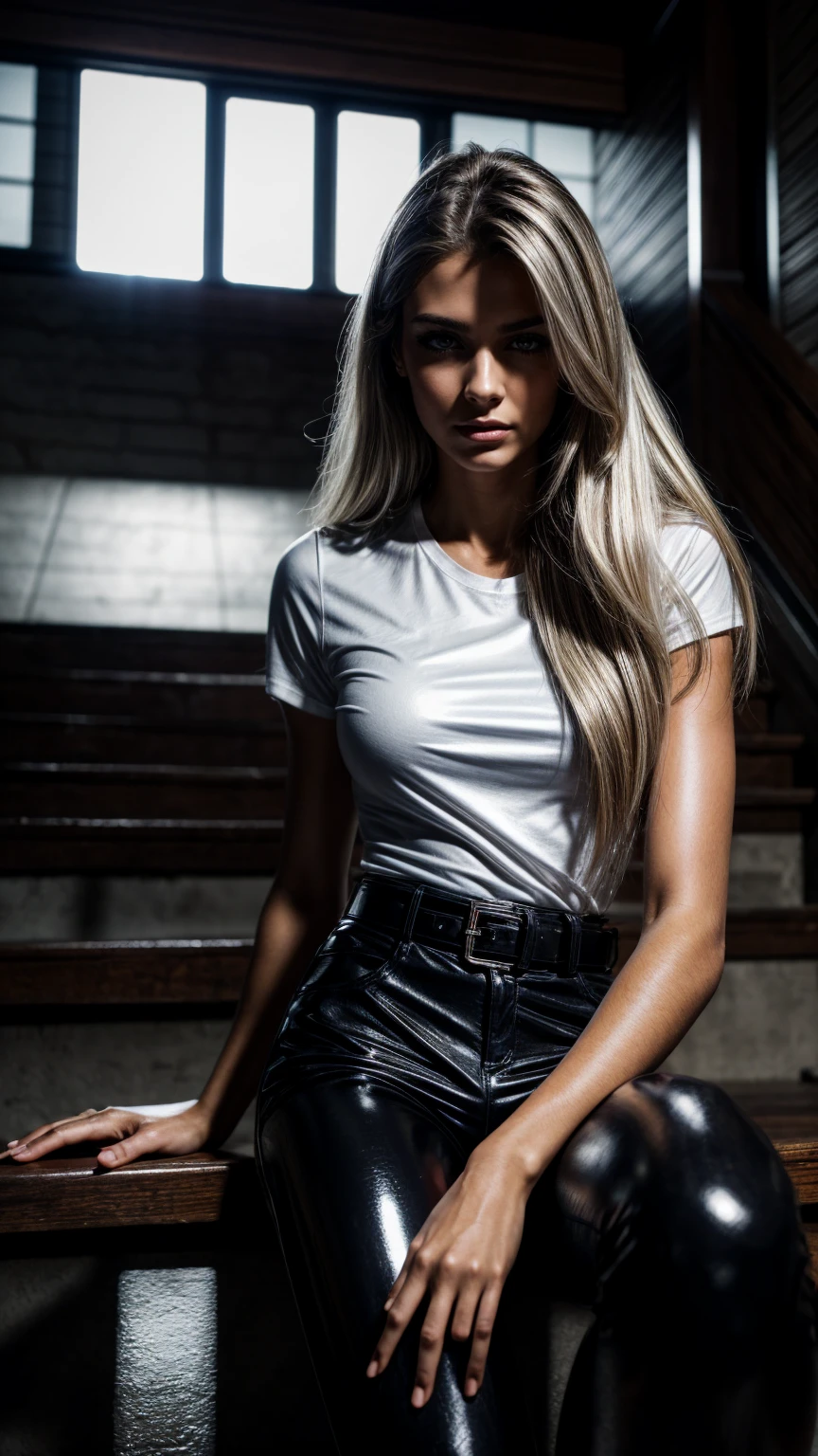 Seductive and confident look. Big arm biceps, visible veins. Folded arms, Long legs. Sweaty Slim muscular barefeet age european girl. Shiny leather trousers, white button up t-shirt. Sitting on stairs in vintage garage. Long silver hair. backlit, smirk, belt, backlit, perfect sultry make-up, cinematic, realistic, high contrast, visually rich,piercing eyes, strong eyeliner, mesmerizing eyes, elegant, graceful, natural beauty, charismatic, versatile, photogenic, very detailed