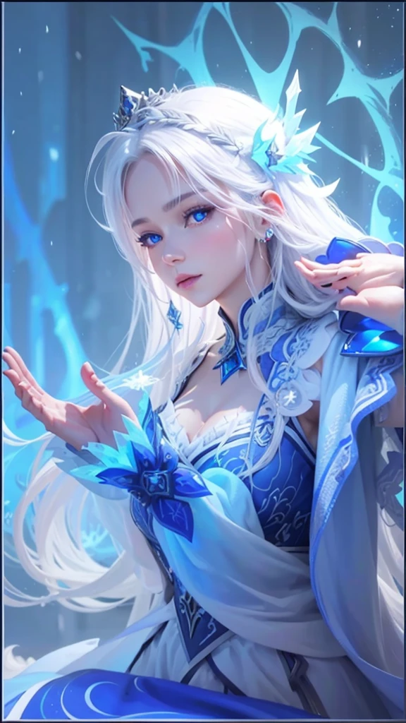 a girl of mixed European and Asian descent, long white hair, half closed eyes, blue eyeballs, blue lips, has a blue floating crown pattern on the back of the head, blue thin long dress with ice and snow style, a beautiful ice queen, aurora from mobile legend, ig model, close potrait, ultra detailed, super detailed, super hd, ultra super detailed potrait, mature