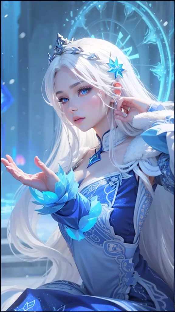 a girl of mixed European and Asian descent, long white hair, half closed eyes, blue eyeballs, blue lips, has a blue floating crown pattern on the back of the head, blue thin long dress with ice and snow style, a beautiful ice queen, aurora from mobile legend, ig model, close potrait, ultra detailed, super detailed, super hd, ultra super detailed potrait, mature