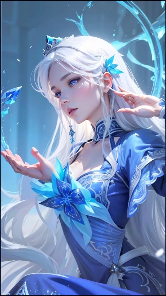 a girl of mixed European and Asian descent, long white hair, half closed eyes, blue eyeballs, blue lips, has a blue floating crown pattern on the back of the head, blue thin long dress with ice and snow style, a beautiful ice queen, aurora from mobile legend, ig model, close potrait, ultra detailed, super detailed, super hd, ultra super detailed potrait, mature