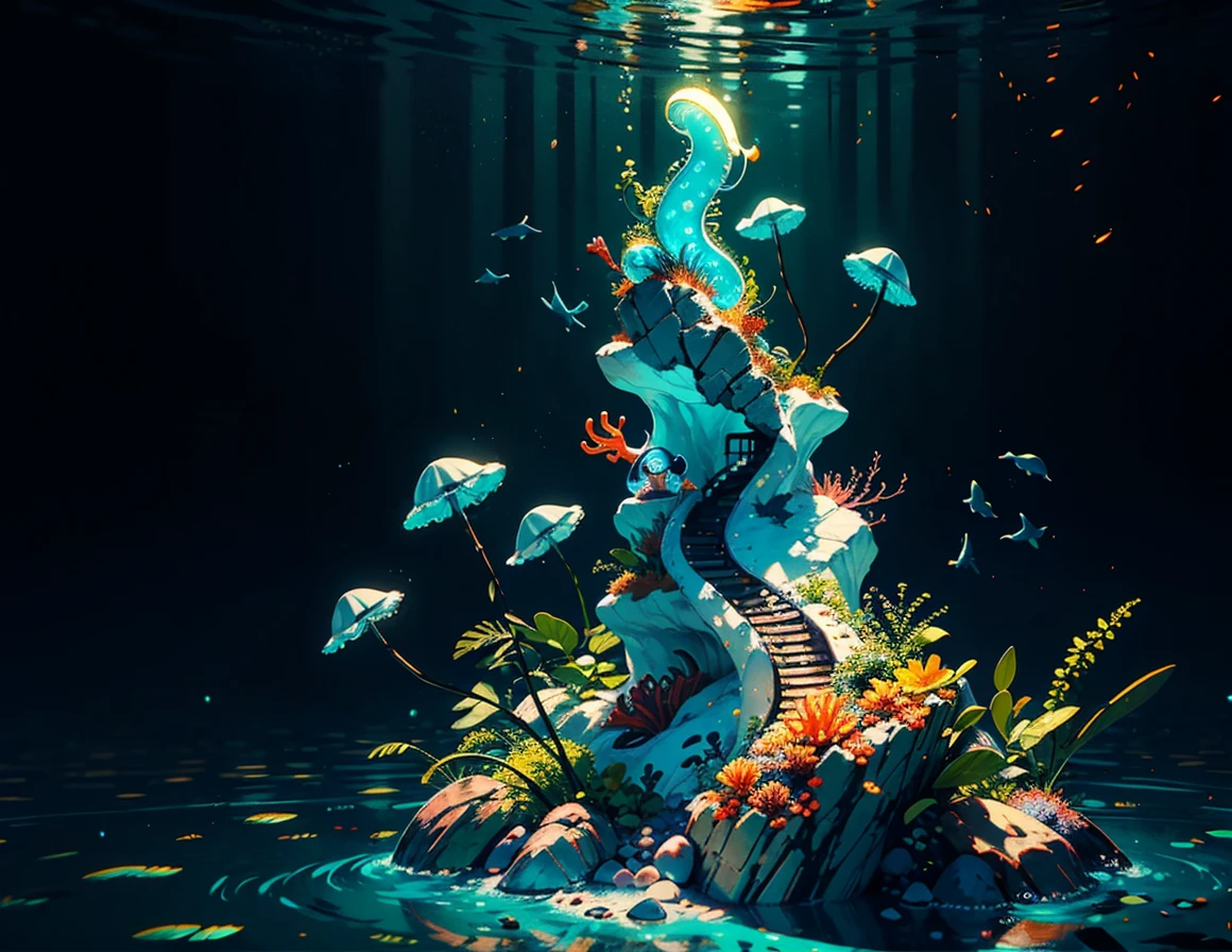 Masterpiece, best quality, (very detailed CG unity 8k wallpapers), (best quality), (best illustrations), (best shadows), marine theme with natural elements. Tall mangroves, rich marine plants, glowing jellyfish, surrounded by schools of fish, glowing particle effects,, (marine plants), (ocean theme), ((luminous algae)), (coral), ((glowing jellyfish )), ((Glow Creatures in Seawater)), ((Sea Fire)), (((Particle Effect))), Isometric 3D, Octane Rendering, Ray Tracing, Super Detailed --v6