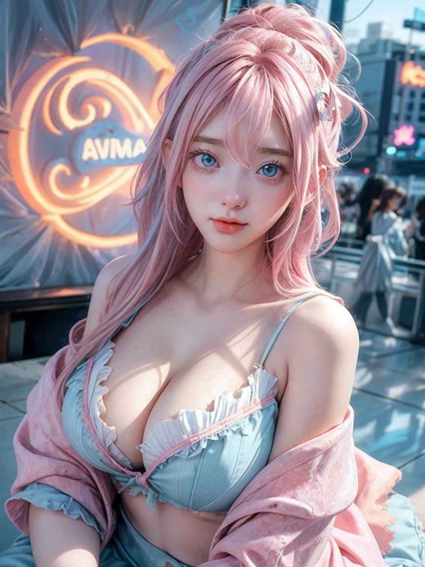 Gorgeus Girl, Beautiful, Baby Face, 20 Years Old, White Skin, Colossal Breasts, ((Anime Cosplay Coatumes)), Pastel Colour, Blue Eye, Halloween Background, Masterpiece, Pink Hair, Sleeveless, Front Fancing, ((Potrait:1.1)), ((Torn:1.2)), ((perfect cleavage))