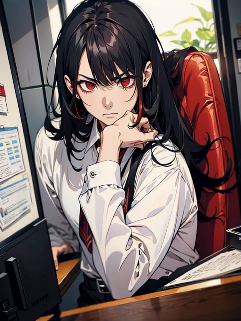 man, black hair, red eyes, serious expression, desk