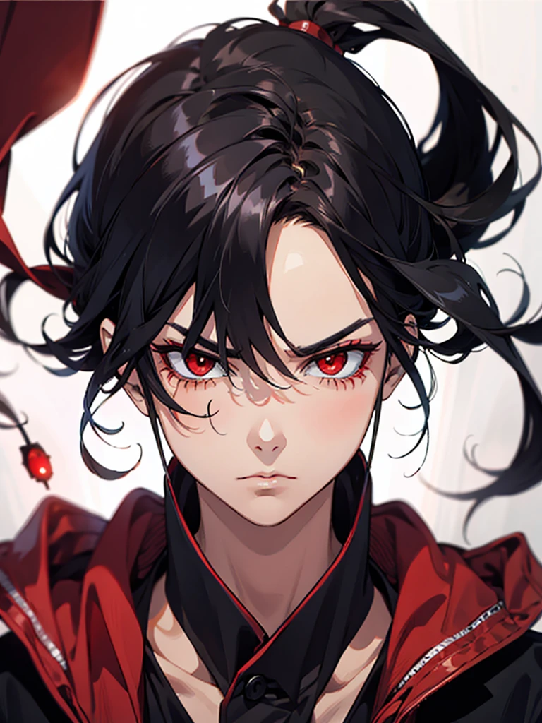 man, black hair, red eyes, serious expression, desk