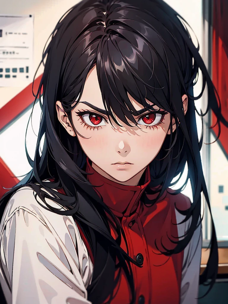 man, black hair, red eyes, serious expression, desk