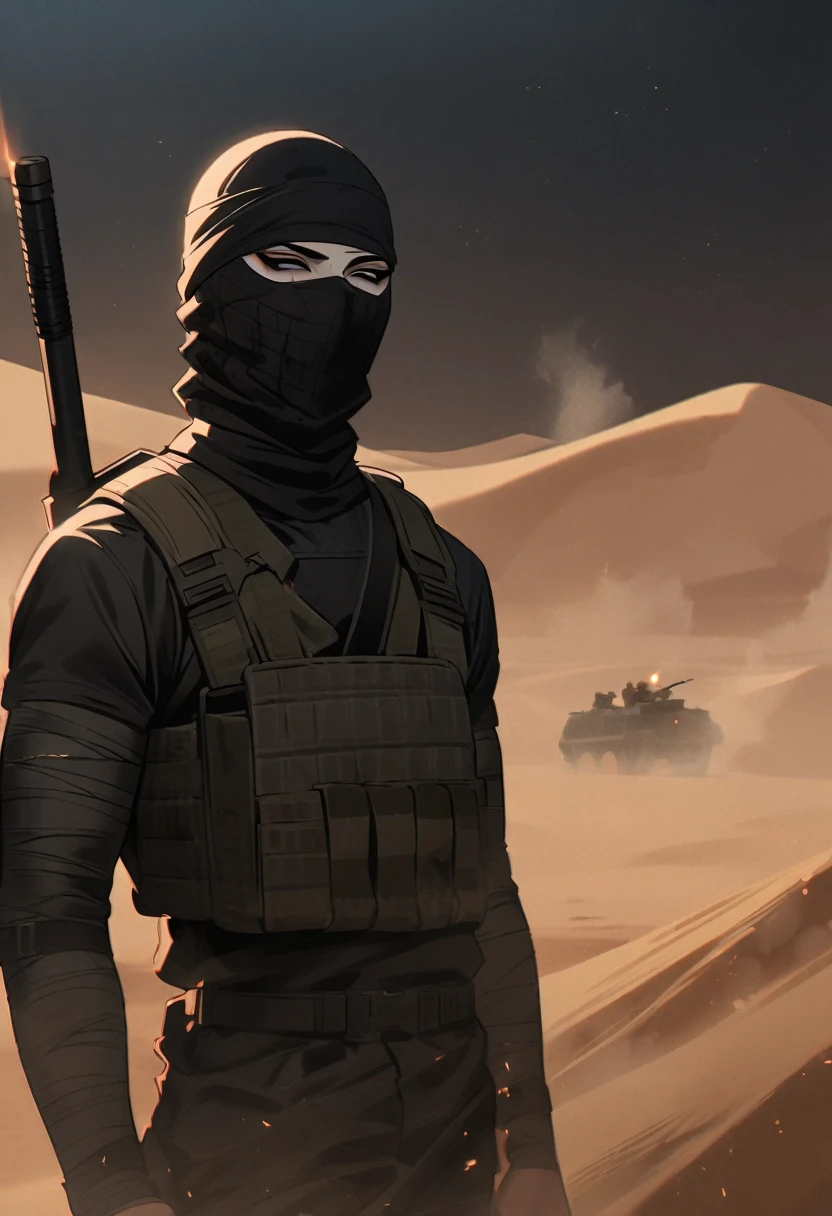Male arab modern terrorist, terrorist, black balaclava, black bandage, blood on body, black clothes, thin waist, femboy, light skin, makeup, black eyeliner, big eyelashes, black eyeshadow, choker, desert, night, sandstorm