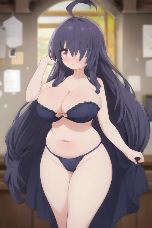 Cute naughty Artificer mother, Pastel colors hair, (Excessively overwhelmingly gigantic breasts:1.2, bursting breasts, Thighs:1.2, thick legs:1.2, curvy:1.2, towering stature:1.6, massive fat thick unnatural belly, Plump), purple eyes, (ahoge, messy hair:1.2, tired hair:1.2, flipped hair, very long hair, bags under eyes:1.3), black hair, (purple hair:1.2), (blush:1.2, emberrased:1.2, quiet personality:1.2, scared:1.2, looking away, wavy mouth, shy), (naked), at the adventurer's guild, A bulletin board with posted paper, hand over face