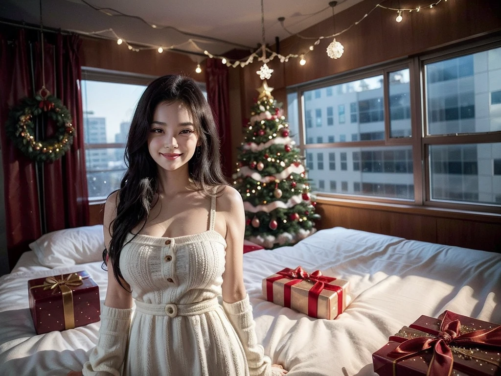 beautiful and kind woman 
long black hair 
smiling with a calm smile 
big breasts 

On Christmas day, the whole room is decorated  with red decorations and beautiful lights 

wearing a white dress 

snow is piled up outside the window 

Whole cakes and deep-fried food are also prepared on the desk  

I live on the 11th floor of an apartment building. 

no passersby 

One person 

There is a decorated medium-sized Christmas tree in the room. 

Christmas presents are ready 

