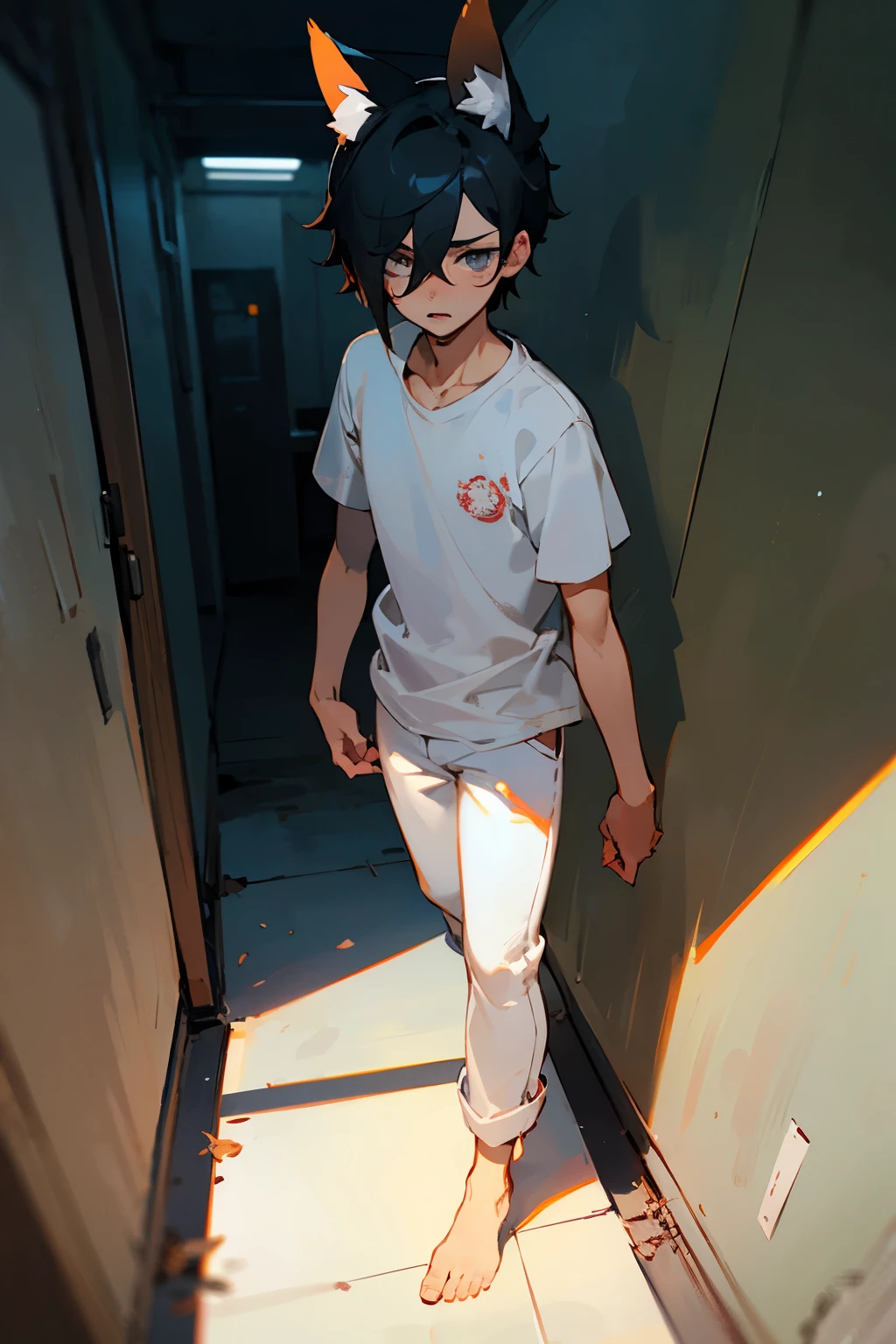 Two-tailed kitsune boy with black hair wearing a white t-shirt and white pants without shoes with an expression of sadness and fear. With a scar under his right eye. In the background, the darkly lit hallway of an underground laboratory.