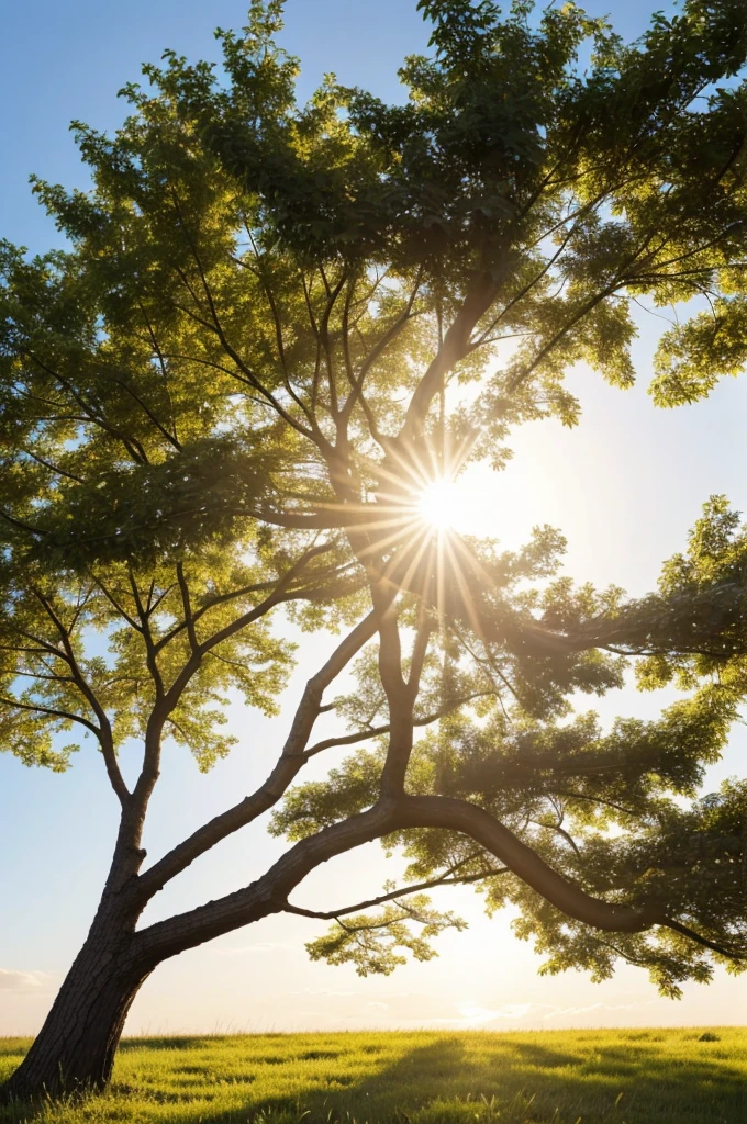 very beautiful sky with a shining white sun. In front of the sun, a tree branch is swaying in the wind, creating a lovely scene. I need the best image of this description.






