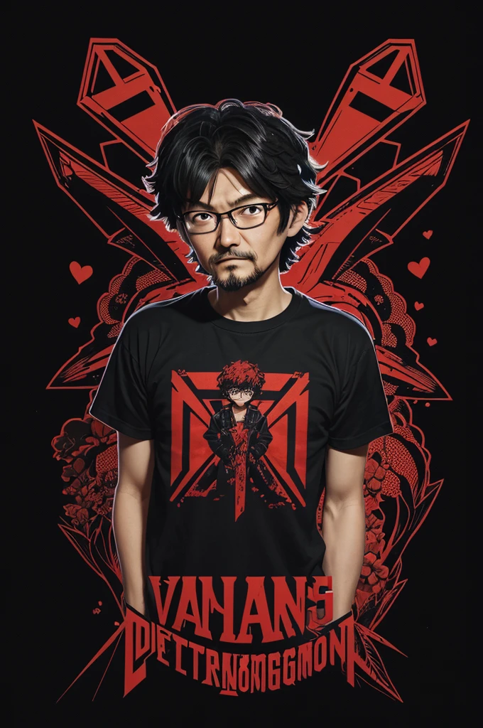 Vintage T-shirt design of an {Valentine's Demogorgon1024, simple, vector, acrylic, black background}, by (Hideaki Anno:1.36), trending on artstation, best quality, 4k textures, ultra detailed