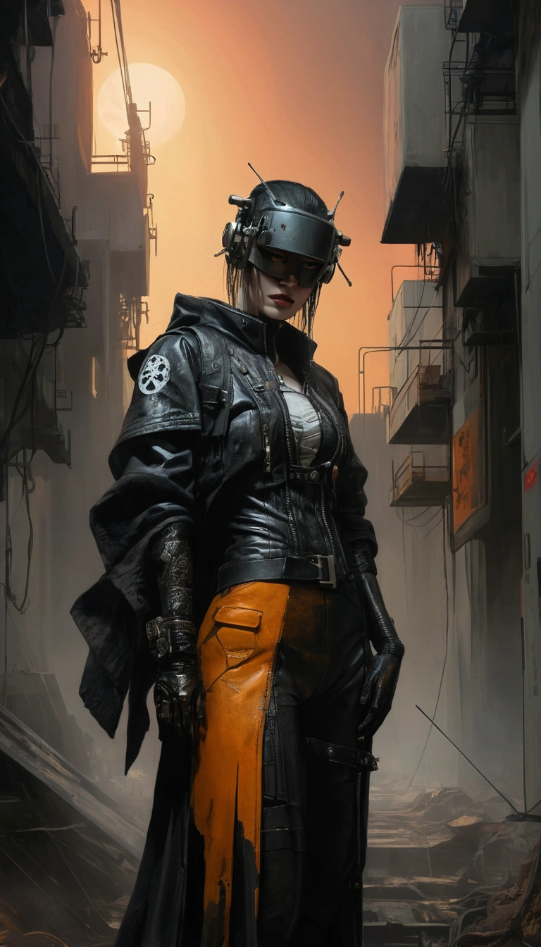 derpd, Deadly geisha cyborg assassin in hooded kimono & armor, Futuristic ski sunglasses, danger, Red-yellow sky, Post-apocalyptic art, Neon horror, Science fiction, Glitchcore, society, modern european ink painting, Androgynous, Mixed Media, Dystopian art, Black and neon space art, Analog Horror, Nightmare fuel, Spacepunk, Glitchcore, Hauntingly beautiful, Beautiful and sinister. World-class female cyborg in stunning HD, World class art, Individuality, Modern masterpieces, Exceptional, Exquisite, Dark fantasy, Apocalypse Art, Calo type