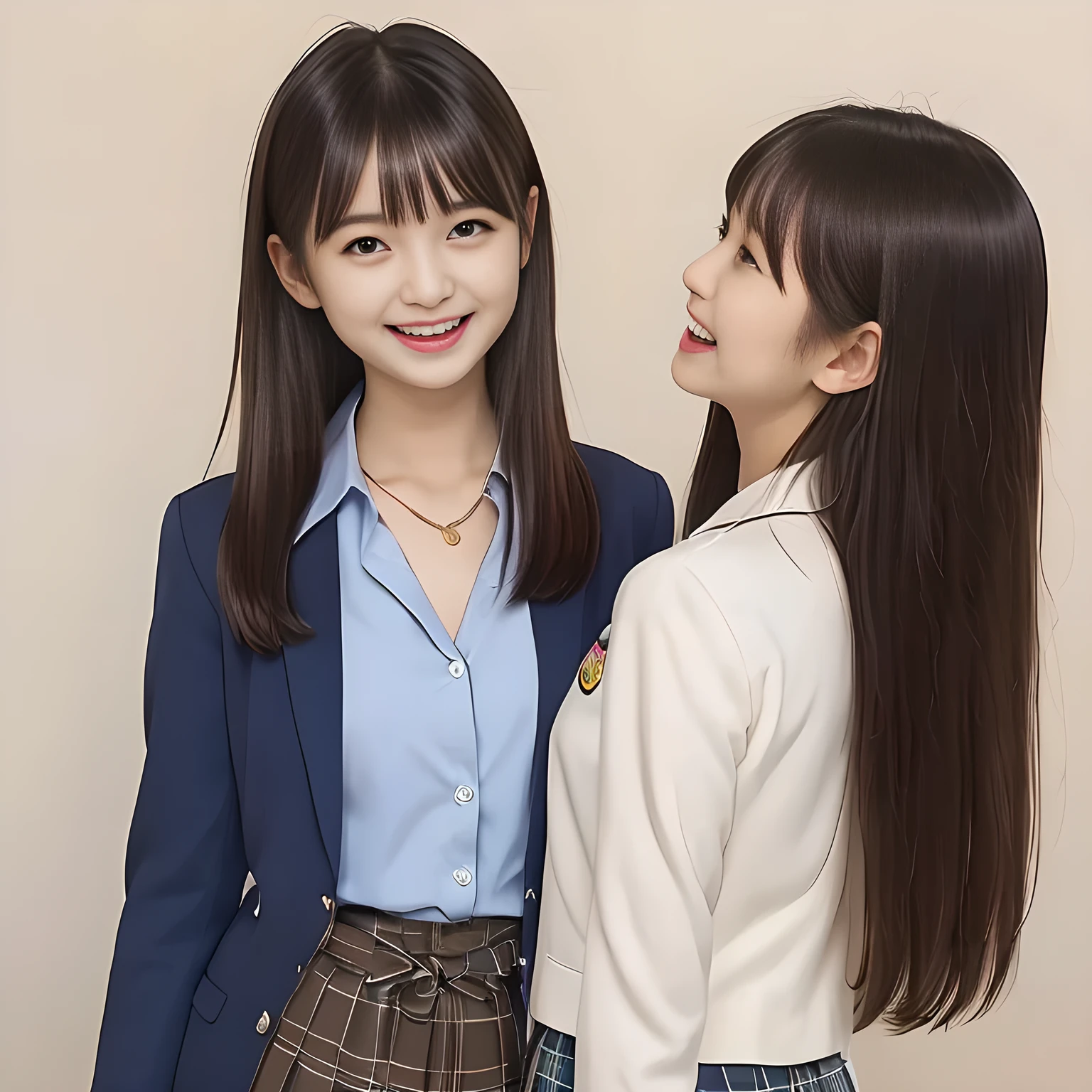 (Highest quality, masterpiece:1.2), Highest quality, High resolution, 1080P, 8k, height: 158cm, ((A noble, graceful and intelligent girl who looks like a best proportion Japanese young lady is turning around and giggling in a strong wind)), ((So sweet, very noble, neat, and pretty Japanese beautiful cute girl)), ((A real, very girly, sweet, cute and noble girl)), ((((A beautiful Japanese cute fashion model)))), ((((Very pure white face and limbs)))), Glossy Lips, (Evenly cut bangs), ((Very beautiful, droopy, cute, pure, noble brown eyes)), ((Super long, black straight hair that reaches the floor)), (Very shiny, glossy Lips), ((Beautiful straight hair like a school promotion model)), Watch at you, ((Incredibly well organized, Rich facial expressions)), ((Plump and beautiful white skin and face)), ((Pure, clear, gentle brown eyes)), ((staring at me)), Glossy Lips, ((noble and elegant)), Very beautiful blue skirt, ((Large upward-curving lips)), White Hand, ((((Navy Japanese school blazer with noble golden emblem)))), ((Navy and sapphire blue Japanese school uniform)), ((Tartan check pattern pleated long skirt)), ((Cobalt blue string chest ribbon)), ((((An ecstatic expression of boundless joy)))), ((plain white background)), ((perfect body)), (((hair beauty magazine for young girls)))