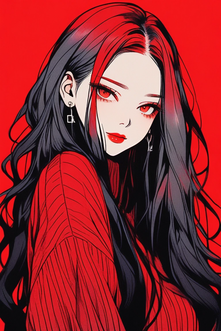 (best quality, sketch:1.2),realistic,illustrator,anime,1 girl, detailed lips, sweater, custom, red gradient background, neon hair, red long hair, no bangs, long straight hair, red eyes, leaderly, charismatic, overconfident, ambitious, mean smile, intelligent,reliable, cool vibes, textured cropping, masterpiece, style retro classic, noir dark