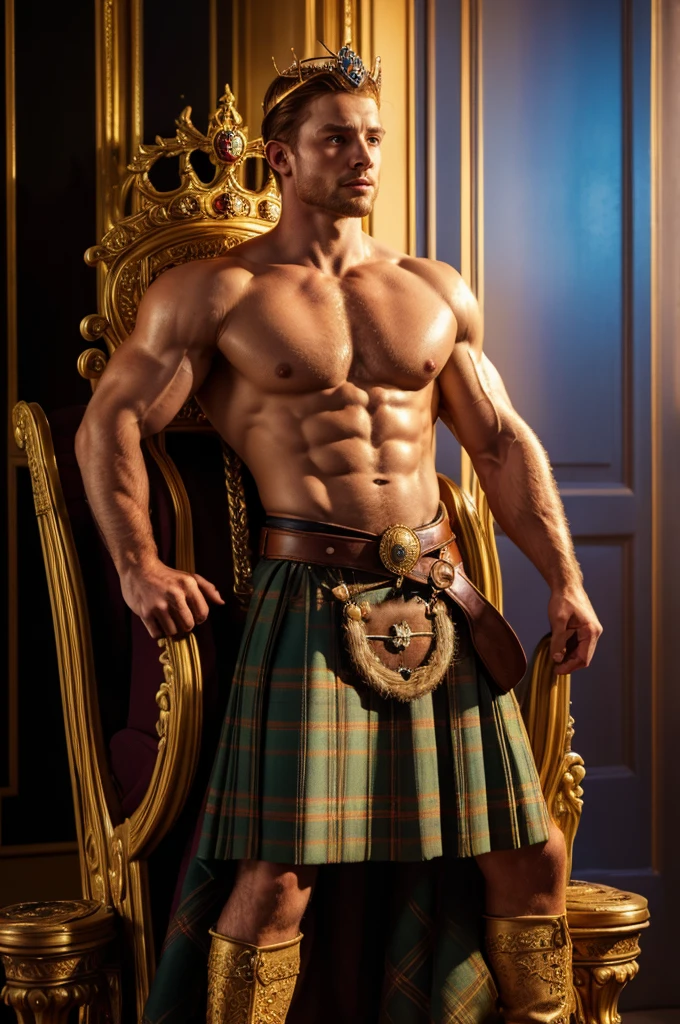 (a scottish prince,standing on a throne,wearing a crown,muscular pectorals and biceps,oil painting,realistic,highres,portrait,vivid colors,warm tones,soft lighting)