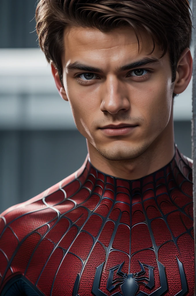 A photograph of spider man, no mask, 20 yo, handsome, detailed face, looking at camera, portrait, 8k uhd, high quality