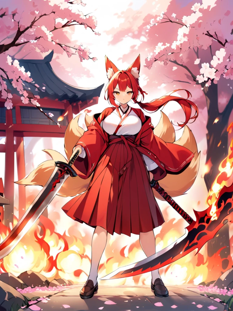 Red long ponytail、Fox ears and nine fox tails of the same color as her hair、A sword with a burning blade、A man wearing a red jacket and hakama、Very large bust、Cherry blossoms and flames scatter、