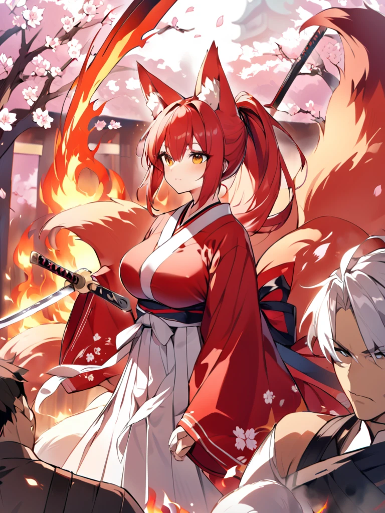 Red long ponytail、Fox ears and nine fox tails of the same color as her hair、A sword with a burning blade、A man wearing a red jacket and hakama、Very large bust、Cherry blossoms and flames scatter、