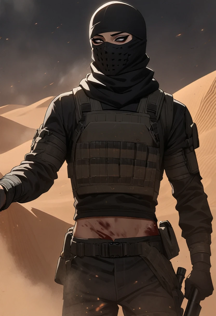 Male arab modern terrorist, terrorist, black balaclava, black bandage, blood on body, black clothes, thin waist, femboy, light skin, makeup, black eyeliner, big eyelashes, black eyeshadow, choker, desert, night, sandstorm