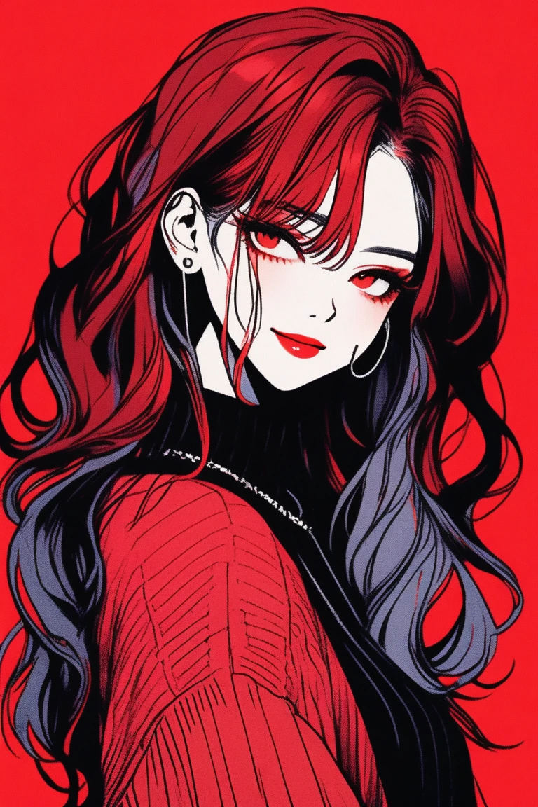 (best quality, sketch:1.2),realistic,illustrator,anime,1 girl, detailed lips, sweater, custom, red gradient background, neon hair, dark red hair, long all-back hair, forehead showing, all back bangs, overconfident attitude, mean smile, smiling a little, cool vibes, textured cropping, masterpiece, style retro classic, noir dark