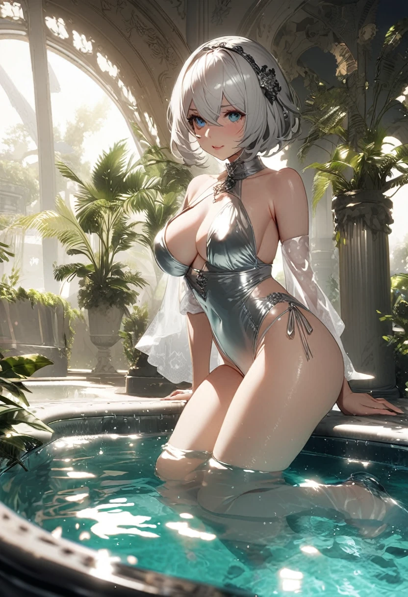 Nier automata 2B a beautiful millionaire pool with a very sexy silver swimsuit well made