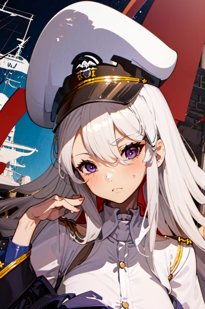 1girl, white hair, captain cap, captain uniform, purple eyes, pouty look, upclose, potrait, slight blush, narrow eyes, 2d