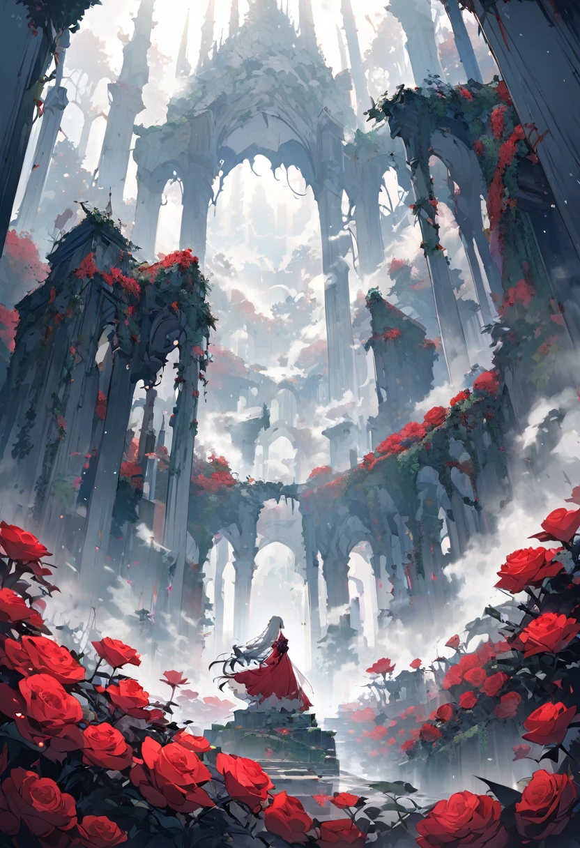 Poster Quality,Girl sitting on ruins、(The pillars are covered with ivy.々The red rose-like flowers bloom in:0.9)、(The whole place is covered in mist, creating a fantastical landscape.:1.5)