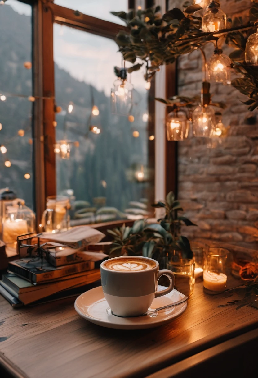 Aesthetic coffee wallpaper, 8k, masterpiece, cozy room space