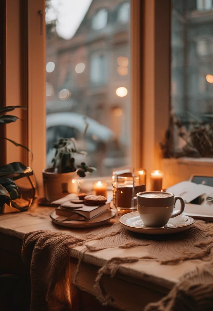 Aesthetic coffee wallpaper, 8k, masterpiece, cozy room space