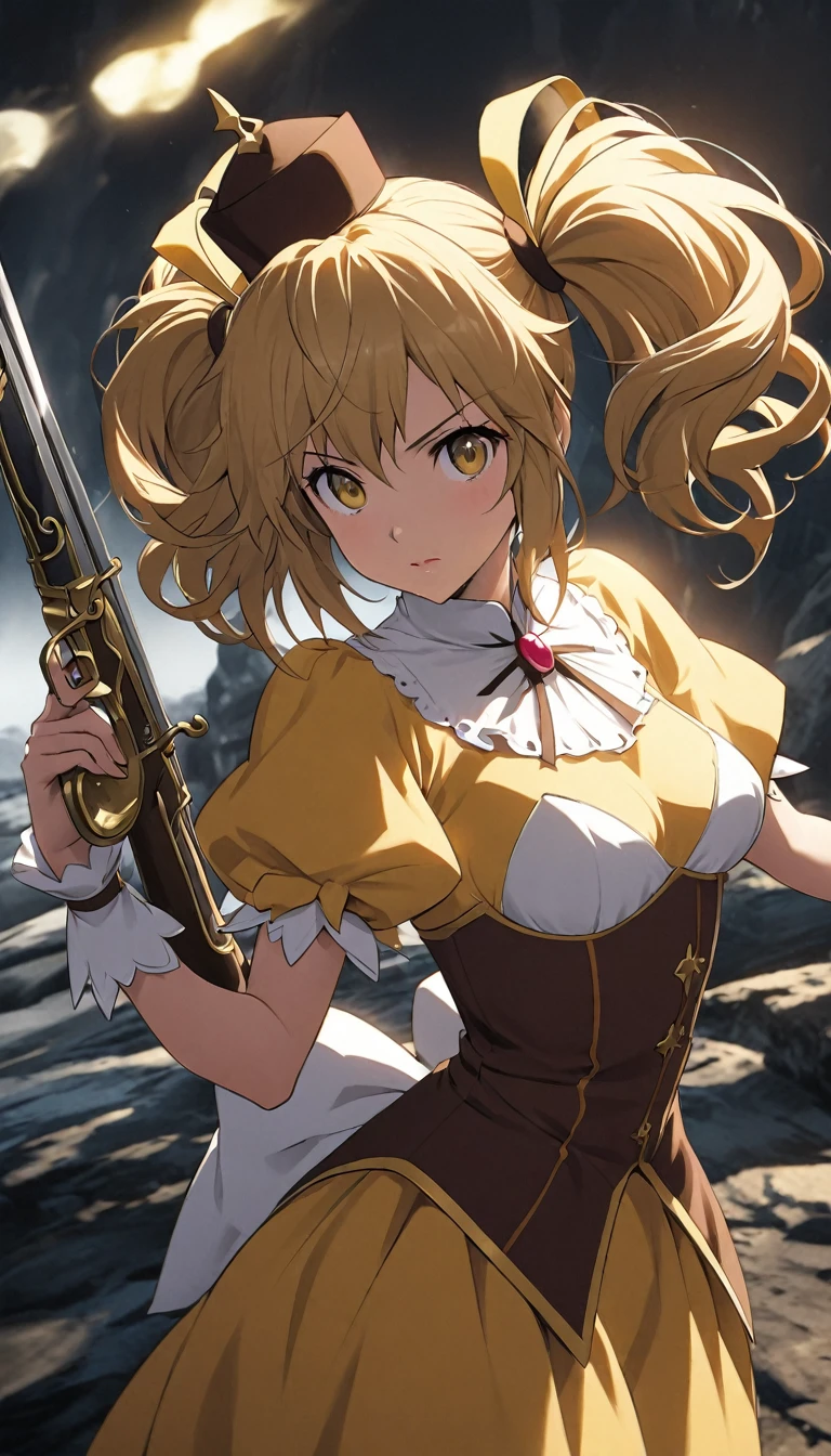 "Create a highly detailed and dynamic illustration of Mami Tomoe (巴マミ) from 'Puella Magi Madoka Magica.' She should be depicted in her magical girl outfit, which includes her signature yellow dress, white blouse with puffed sleeves, and brown corset. Ensure her hair is styled in her characteristic curly pigtails with golden ringlet tips, adorned with a small hat. Include her signature weapon, the flintlock muskets, creating a sense of action and intensity. The background can be a magical, slightly dark and surreal landscape, hinting at her witch-hunting activities. Use vibrant colors and dynamic lighting to bring out the contrast between her elegant appearance and the intense atmosphere."