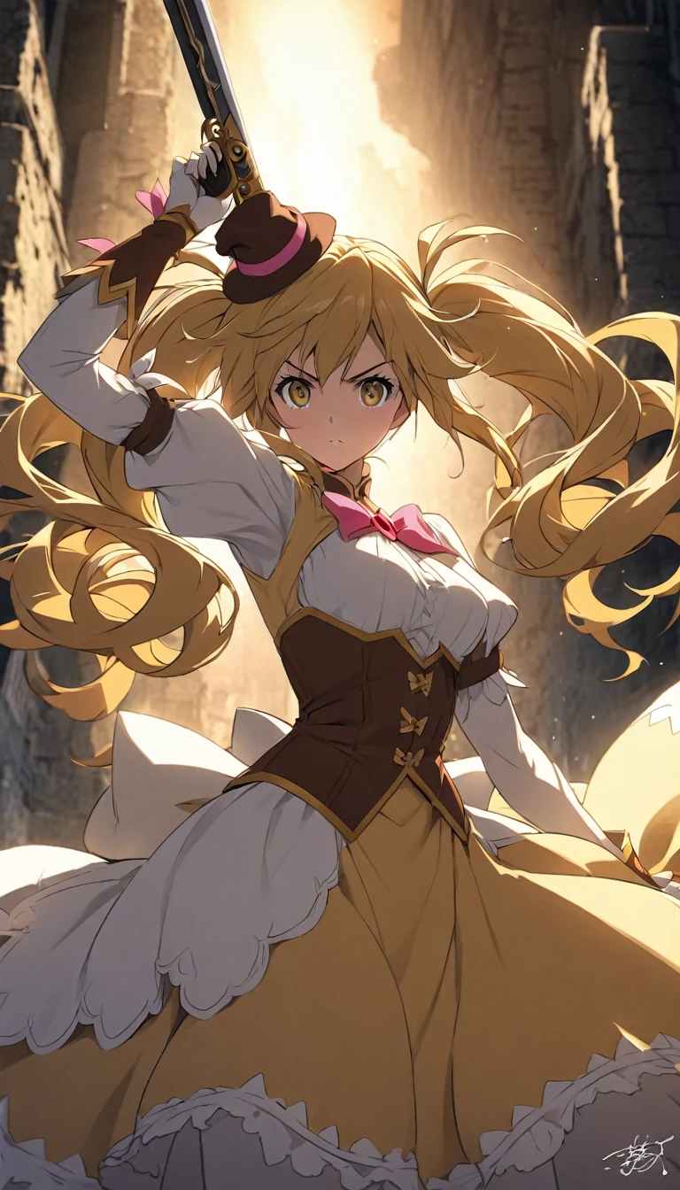 "Create a highly detailed and dynamic illustration of Mami Tomoe (巴マミ) from 'Puella Magi Madoka Magica.' She should be depicted in her magical girl outfit, which includes her signature yellow dress, white blouse with puffed sleeves, and brown corset. Ensure her hair is styled in her characteristic curly pigtails with golden ringlet tips, adorned with a small hat. Include her signature weapon, the flintlock muskets, creating a sense of action and intensity. The background can be a magical, slightly dark and surreal landscape, hinting at her witch-hunting activities. Use vibrant colors and dynamic lighting to bring out the contrast between her elegant appearance and the intense atmosphere."