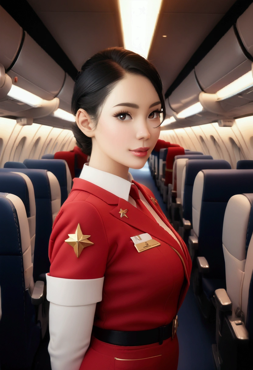 best quality,(RAW photo:1.2),(masterpiece:1.4),(photorealistic:1.4),(highres:1.4), 1girl, depth of field, flight attendant, intricately detailed,8k, extremely detailed, perfect lighting, epic background