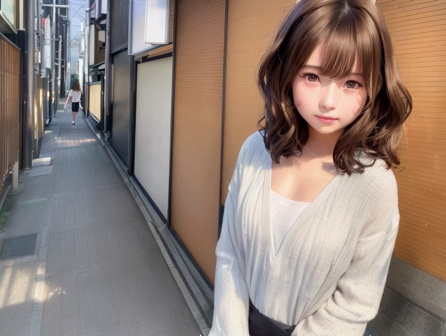 (8k, Highest quality, masterpiece: 1.4), Very detailedな, Highest quality, Ultra-high resolution, Written boundary depth,(Realistic:1.4,RAW shooting,)Ultra-Realistic Capture,(Very detailed,High definition 16K), cute, girl, Brown Hair, (city:1.4), (wood々Sunlight shining through:1.4), (Tokyo Street:1.4), Japanese, , Mr..々Pause, Wavy Hair, (face,front), indoor, Sunlight streaming through the window