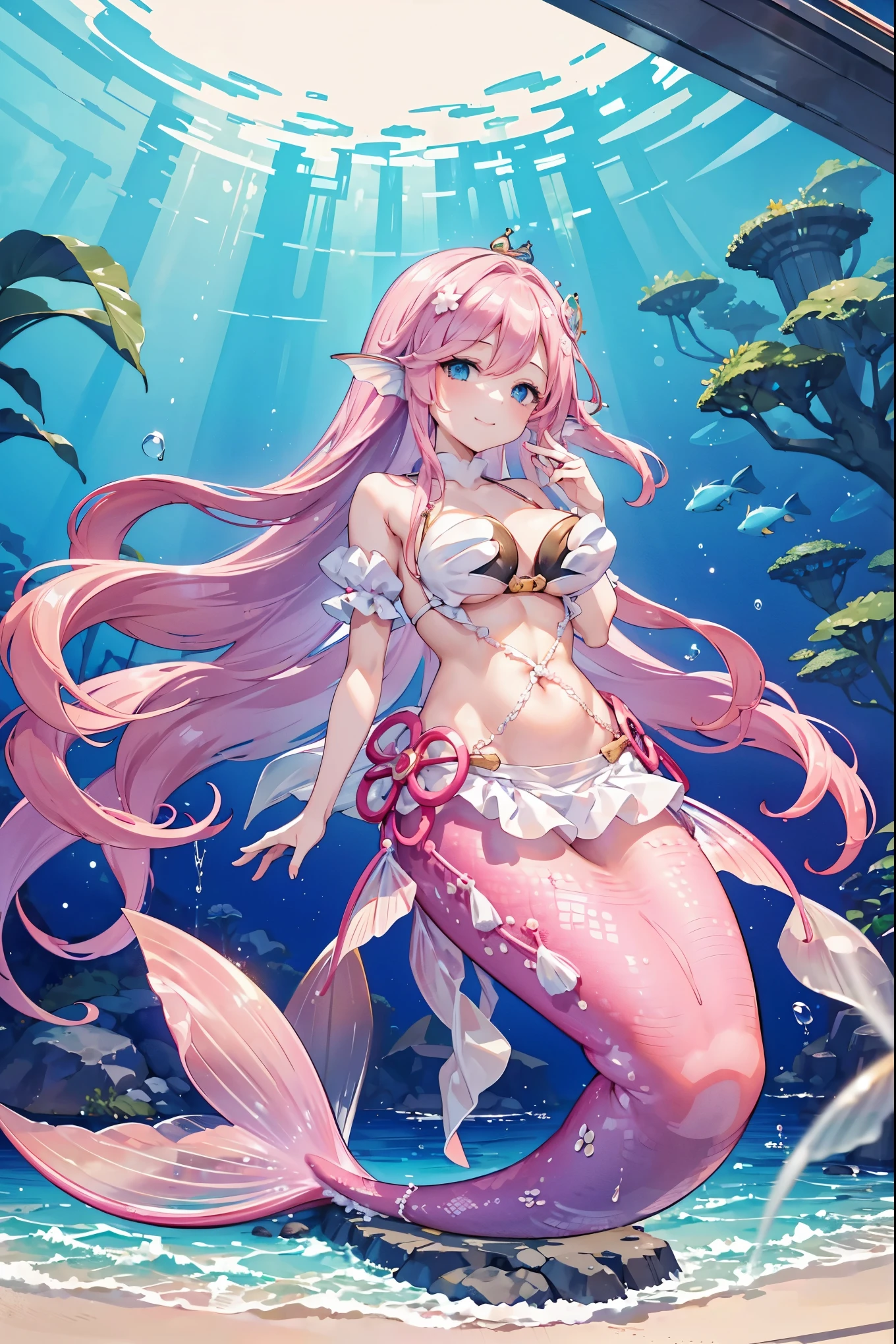 masterpiece, best quality,A girl,Pink hair,White Dress,blue eyes,Head fin,独奏,Large Breasts,Mermaid,粉色的Mermaid尾巴,full-body shot,transportation facilities_against_window,Pink Theme, (in water:1.2), (air bubble:1.3), Inside the train, (surreal:1.2), (jellyfish:1.2), (whale:1.1),(fish:1.2),blurred foreground,charming face(Kawaii, charming,Soft),Looking at the audience,Smile