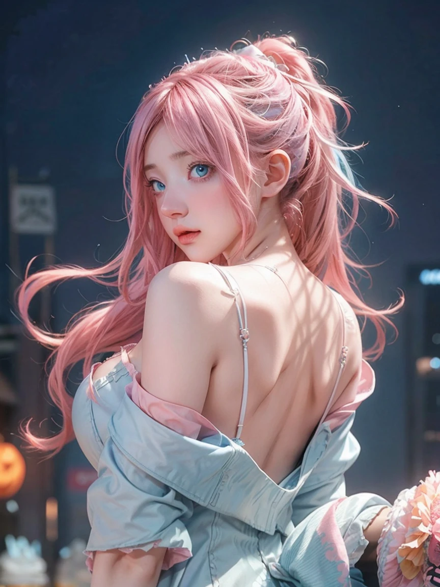 Gorgeus Girl, Beautiful, Baby Face, 20 Years Old, White Skin, Colossal Breasts, ((Anime Cosplay Coatumes)), Pastel Colour, Blue Eye, Halloween Background, Masterpiece, Pink Hair, Sleeveless, Front Fancing, ((Potrait:1.1)), ((Torn:1.2)), ((perfect cleavage)), ((back view))