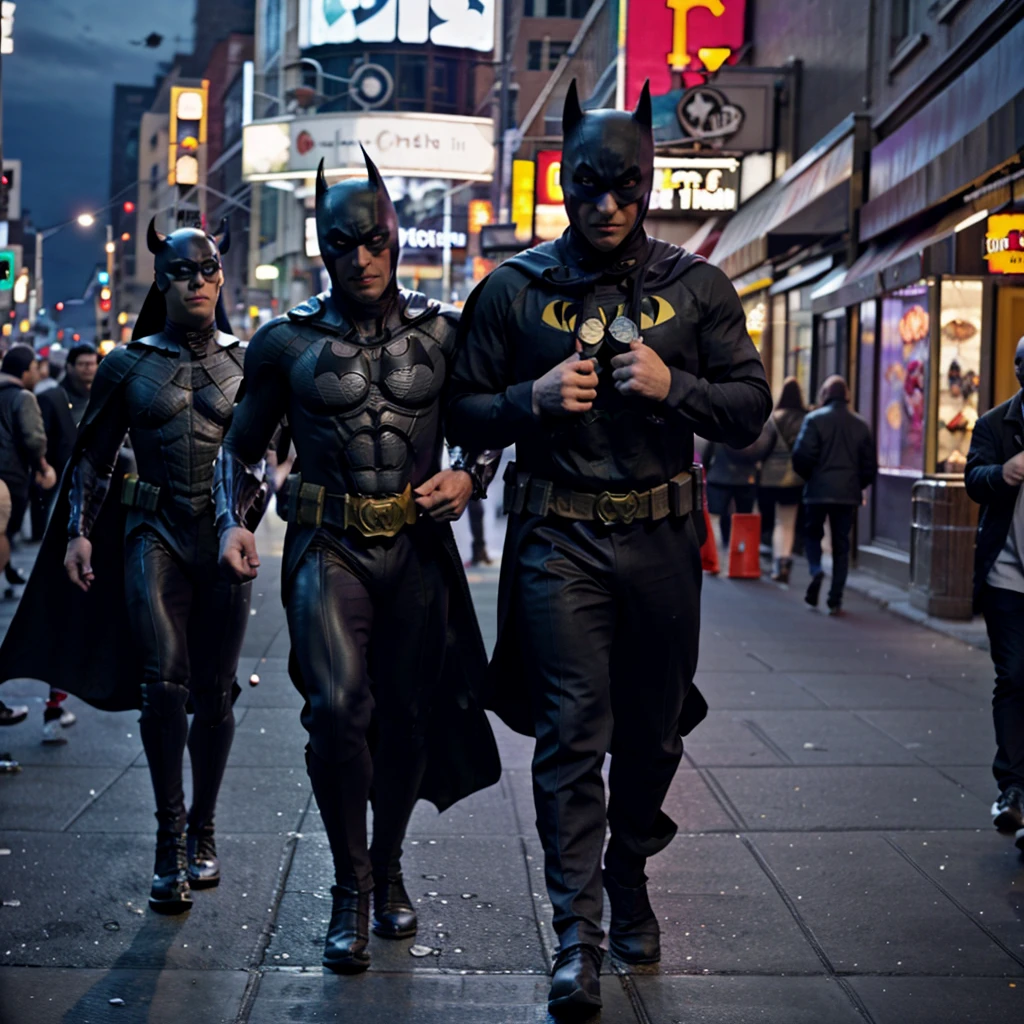 The Batman character together with the Ninja Turtle character Donatello walking in New York City