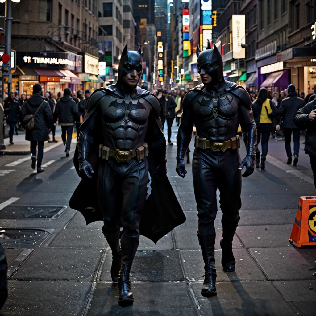 The Batman character together with the Ninja Turtle character Donatello walking in New York City