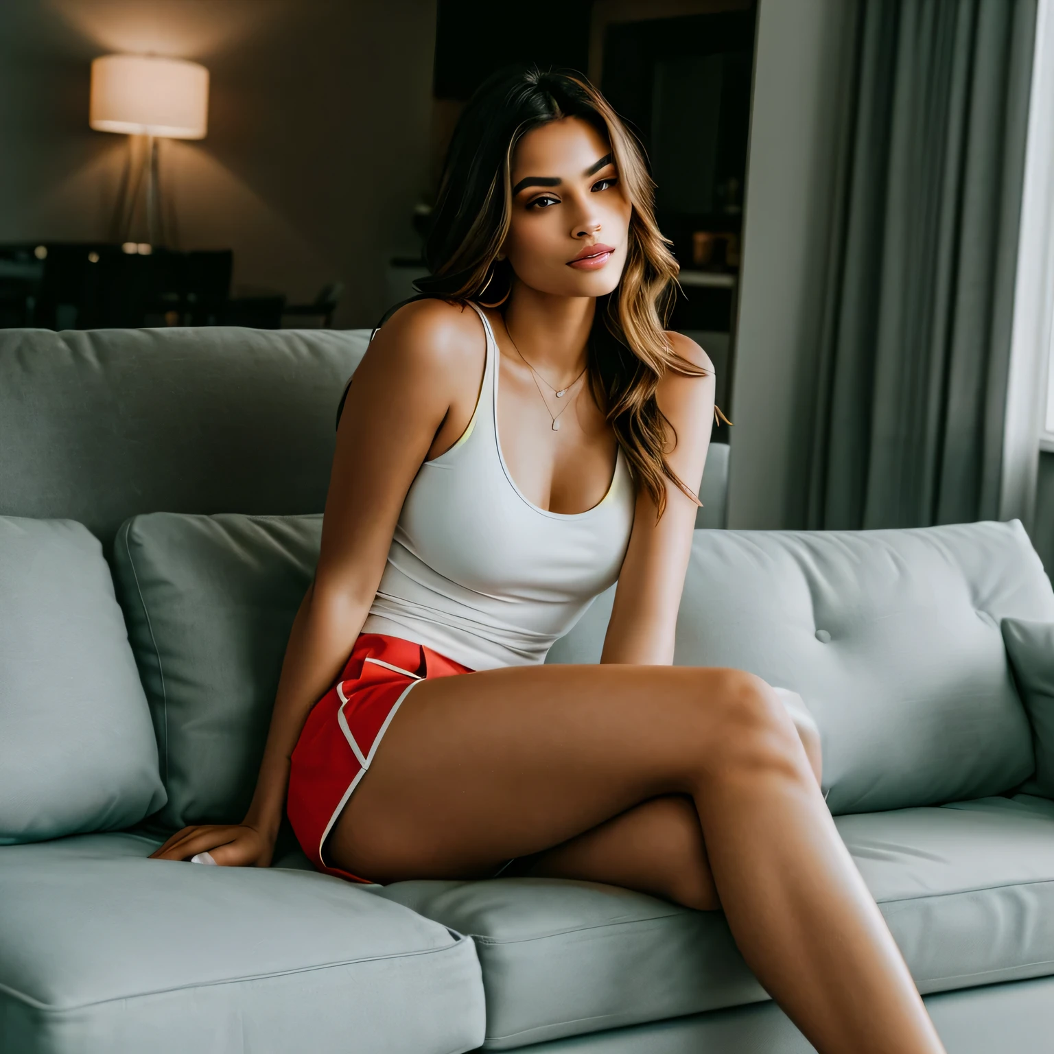 araffe woman sitting on a couch in a white tank top, on a couch, sitting on couch, sitting on a couch, attractive woman, sitting on the couch, alone gorgeous latin woman, photo of a beautiful woman, high quality image, gorgeous woman, sexy girl wearing shorts, sitting on a sofa, attractive female, relaxing on the couch, 50mm portrait