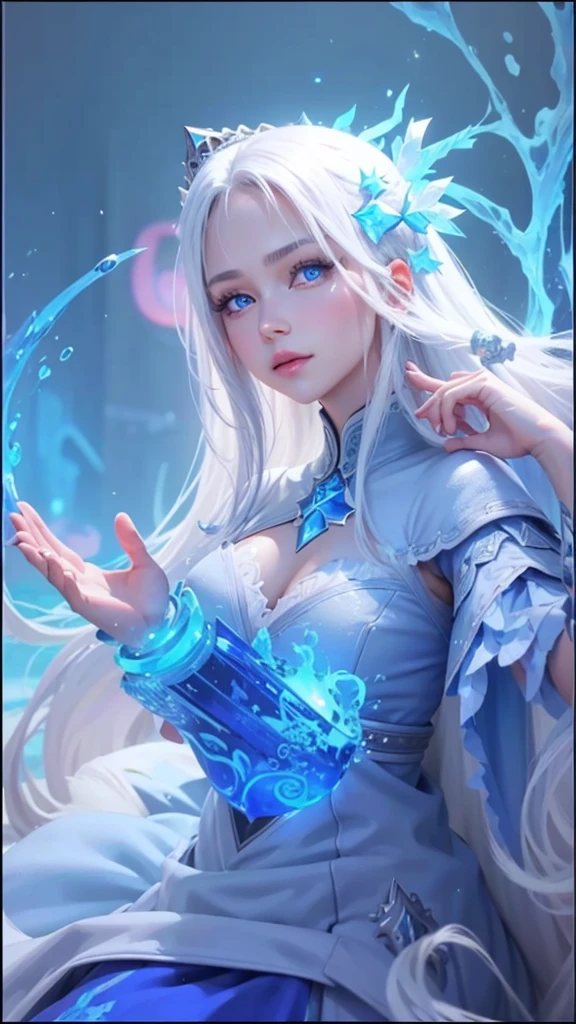 a girl of mixed European and Asian descent, long white hair, half closed eyes, blue eyeballs, blue lips, has a blue floating crown pattern on the back of the head, blue thin long dress with ice and snow style, a beautiful ice queen, aurora from mobile legend, ig model, close potrait, ultra detailed, super detailed, super hd, ultra super detailed potrait, mature, there is only 1 hand visible in the picture