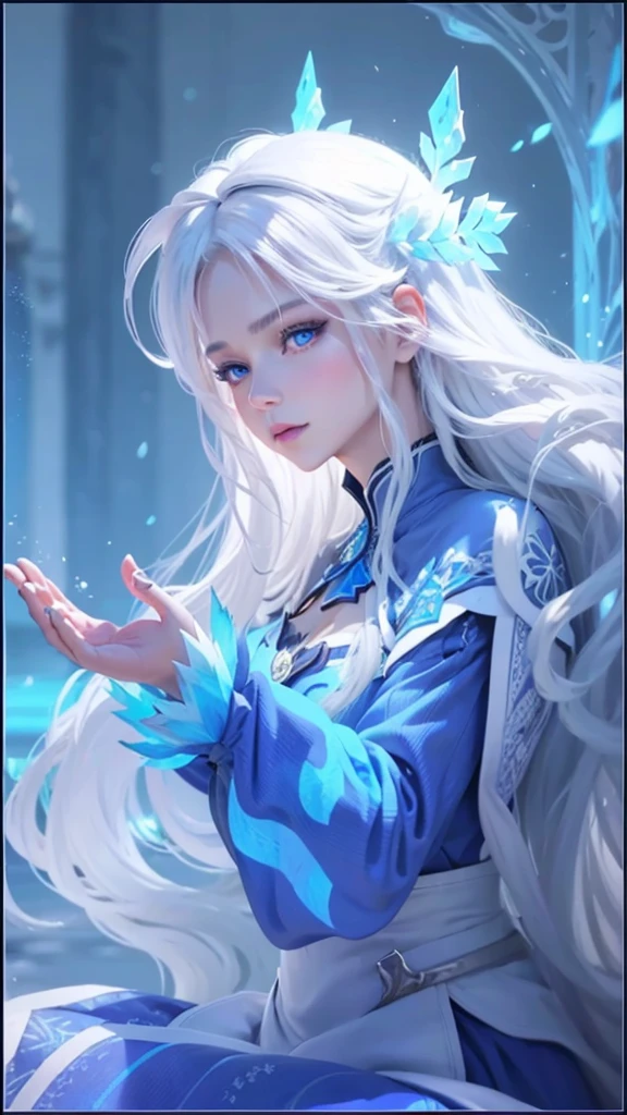 a girl of mixed European and Asian descent, long white hair, half closed eyes, blue eyeballs, blue lips, has a blue floating crown pattern on the back of the head, blue thin long dress with ice and snow style, a beautiful ice queen, aurora from mobile legend, ig model, close potrait, ultra detailed, super detailed, super hd, ultra super detailed potrait, mature, there is only 1 hand visible in the picture