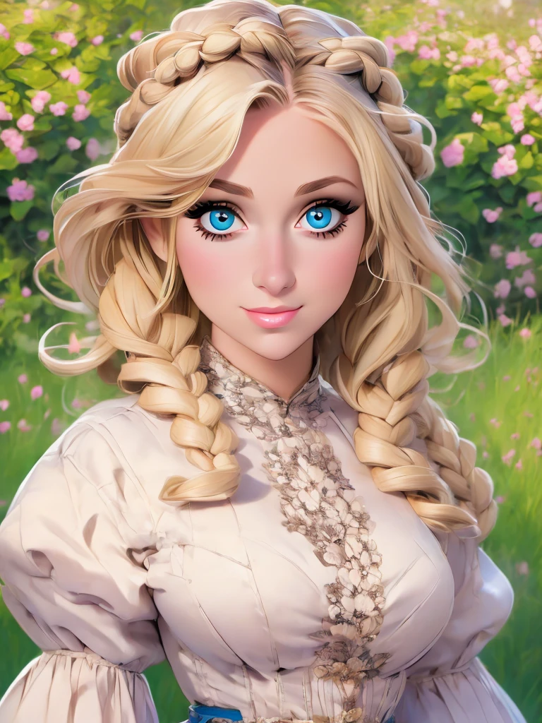 (masterpiece:1.2), (best quality:1.2), perfect eyes, perfect face, perfect lighting, 1girl, mature female in a field, medium blond hair, curly hair, detailed clothes, detailed outdoor background, makeup, eyeshadow, thick eyelashes, fantasy, looking at the viewer, spring 